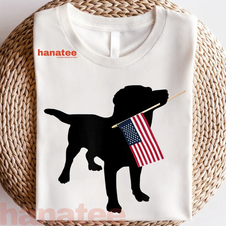 Black Lab Dog Holding USA Flag 