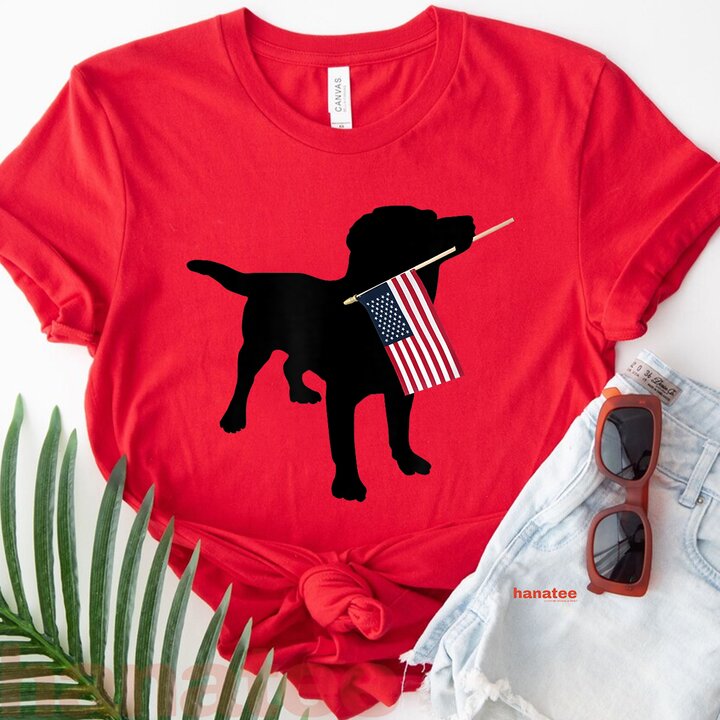 Black Lab Dog Holding USA Flag 
