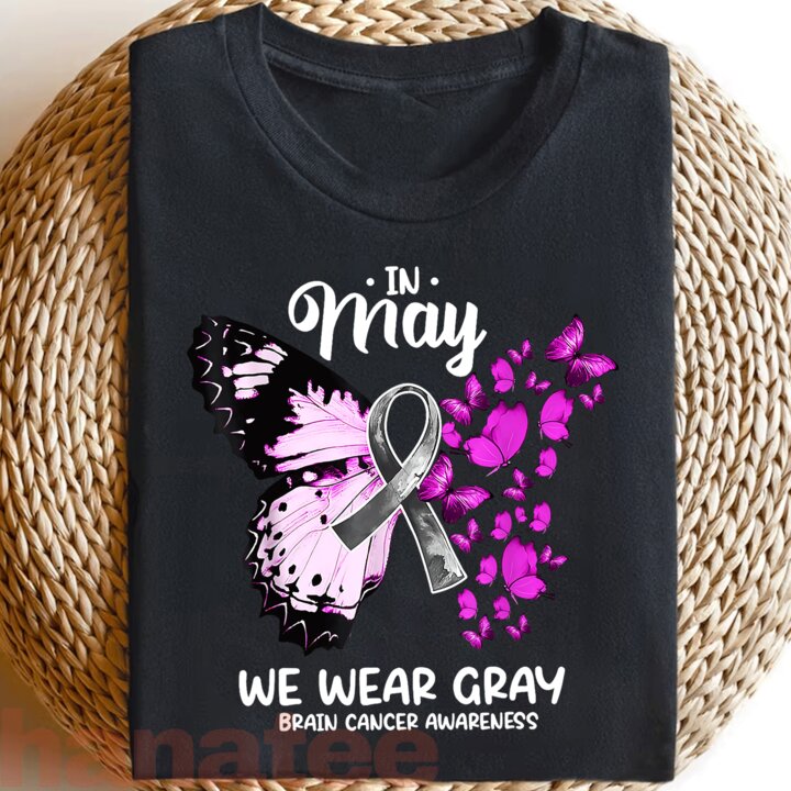 Butterfly Ribbon In May We Wear Gray Brain Cancer 