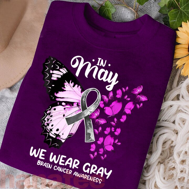 Butterfly Ribbon In May We Wear Gray Brain Cancer 