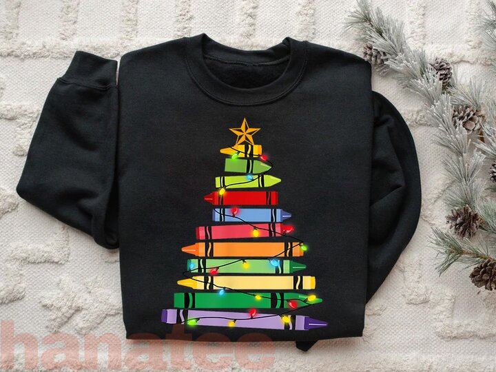 Teacher Christmas Shirt Crayon Tree Light 