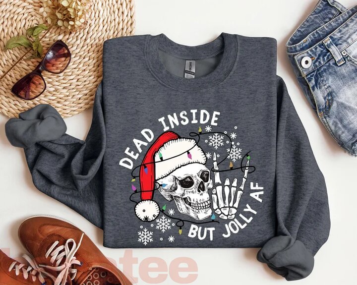 Dead Inside But Jolly AF Skeleton Face Funny Quotes Christmas  