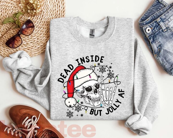 Dead Inside But Jolly AF Skeleton Face Funny Quotes Christmas  