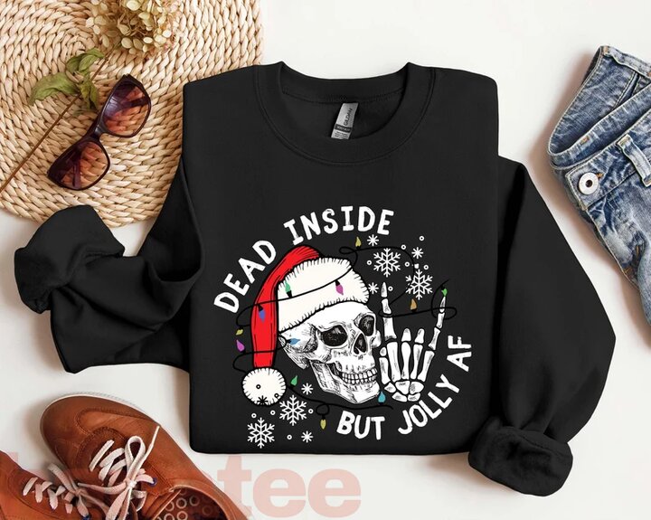Dead Inside But Jolly AF Skeleton Face Funny Quotes Christmas  