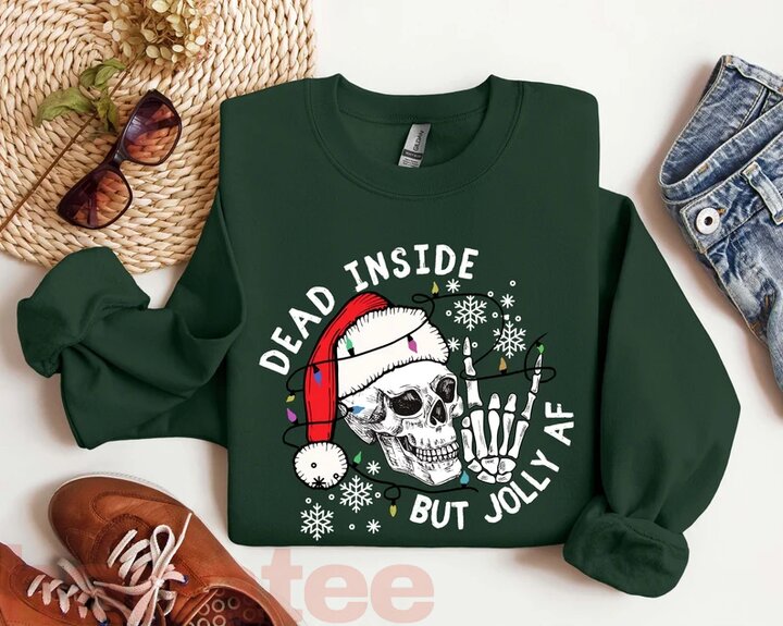 Dead Inside But Jolly AF Skeleton Face Funny Quotes Christmas  
