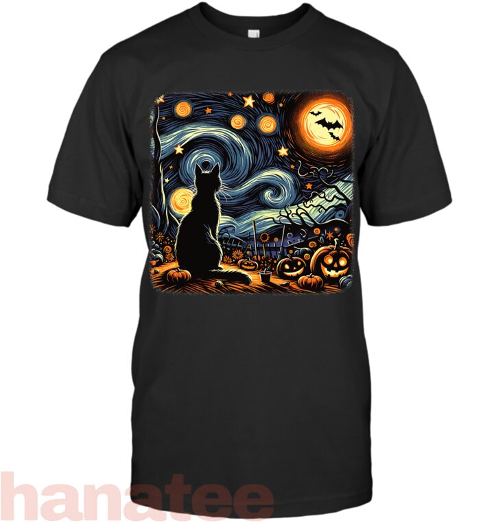 Halloween Black Cat Van Gogh Starry Night