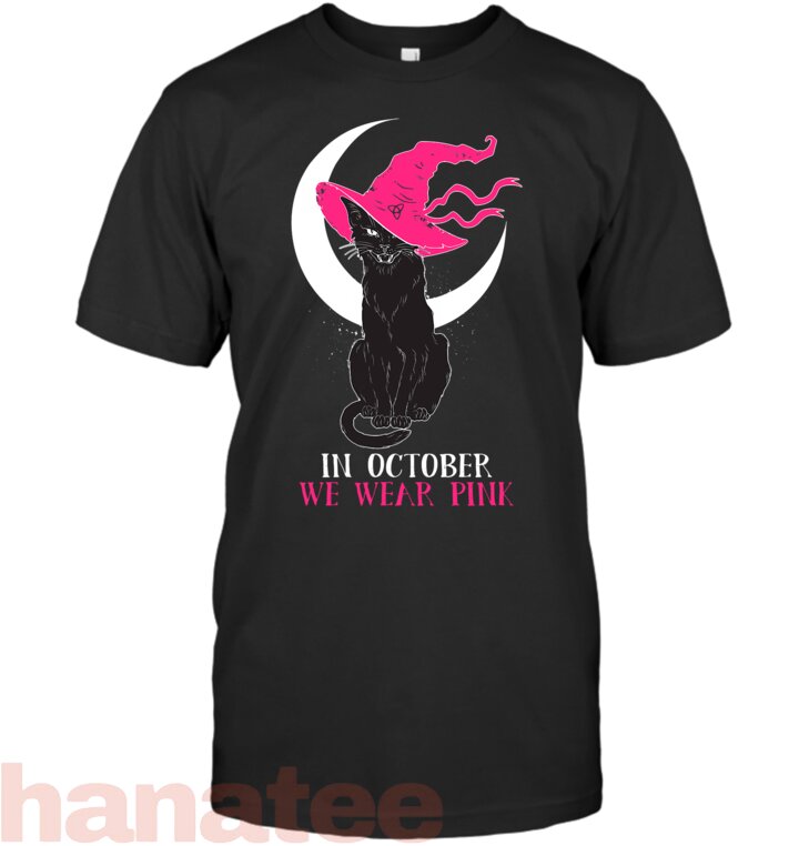In October We Wear Black Cat Witch Hat Breast Cancer