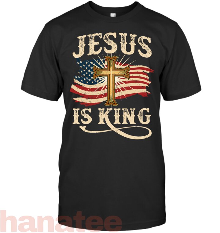 Jesus Is King Christian Cross USA American Flag Religious T-Shirt