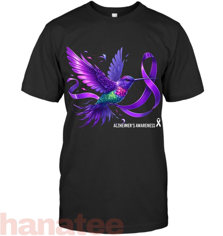 Hummingbird Holding Purple Ribbon Alzheimer_s Awareness T-Shirt
