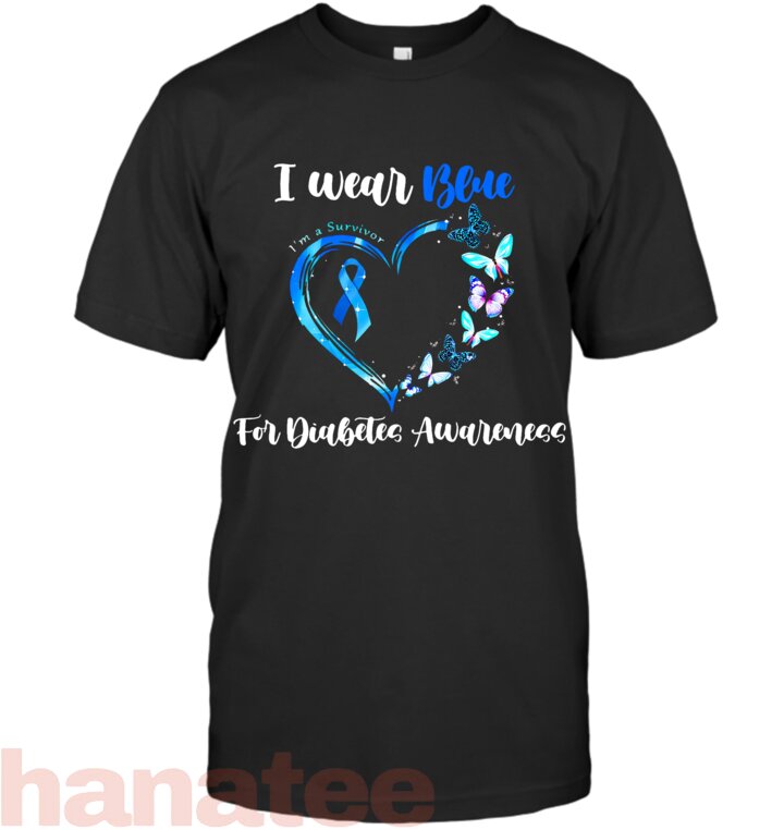 I Wear Blue For Diabetes Awareness Heart Butterfly T-Shirt