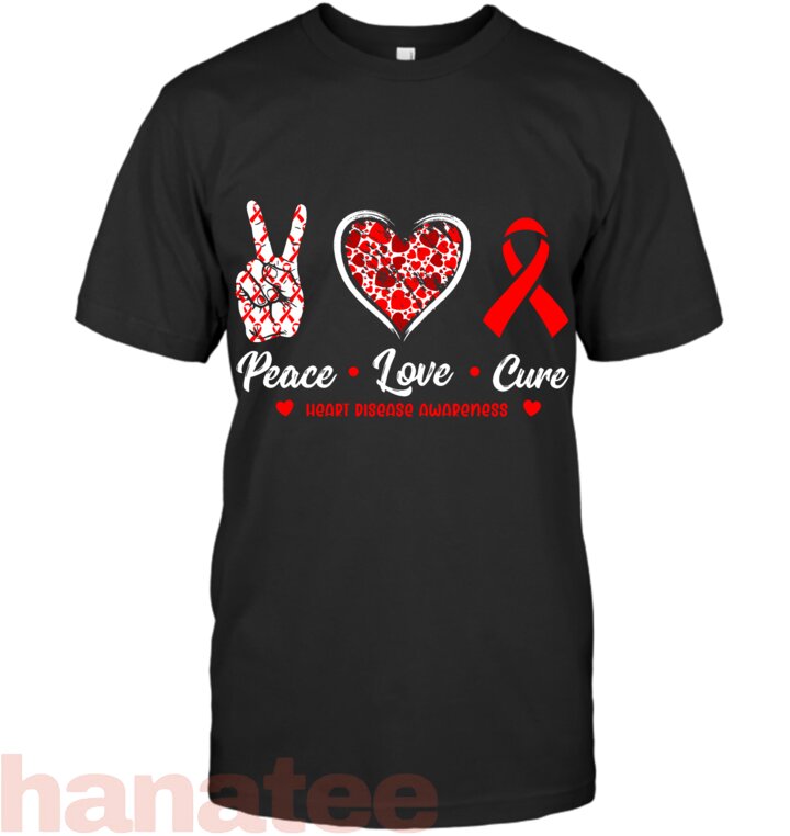 Peace Love Cure Heart Disease Awareness Red Ribbon T-Shirt