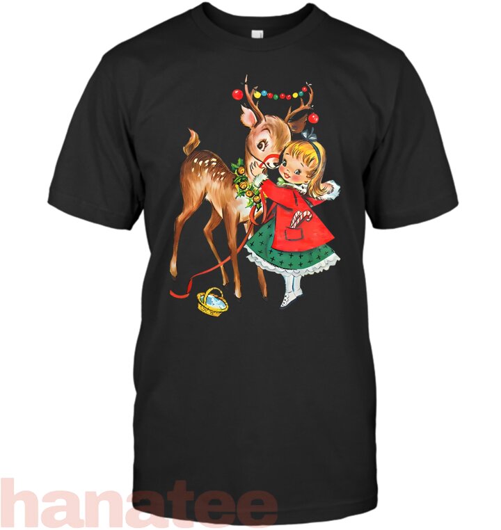 Christmas Reindeer And Girl Mid Century
