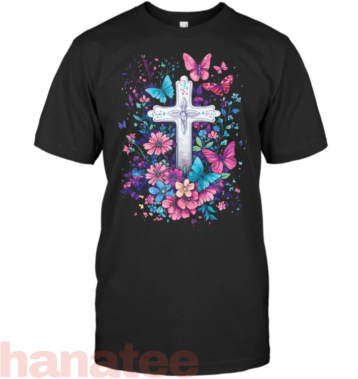 Christian Cross With Floral Butterflies For Easter