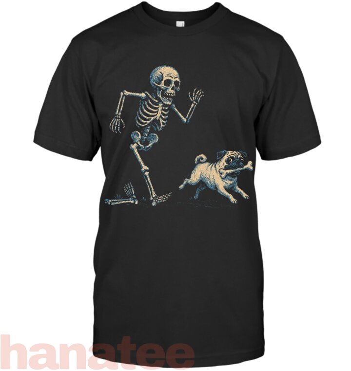 Funny Skeleton Chasing Pug Halloween Dog