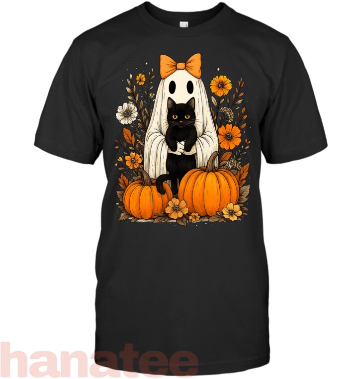 Ghost Holding Black Cat Groovy Floral